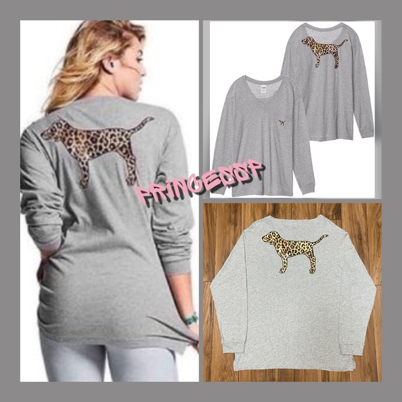 PINK VS LEOPARD CAMPUS LONG SLEEVE TEE SHIRT - Picture 1 of 6
